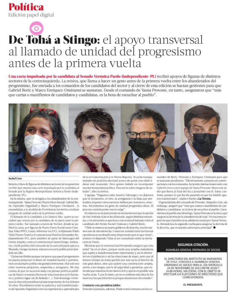 VeroPardoLagos's tweet photo. Debemos ser capaces de liderar un proyecto colectivo y amplio en favor de Chile. Dejar de lado las pequeñeces y pensar en el país y nuestra ciudadanía. Estoy disponible y preparada para este desafío desde el senado. 
@latercera 

https://t.co/d2w3EuSXGz https://t.co/25U4EI0l3D