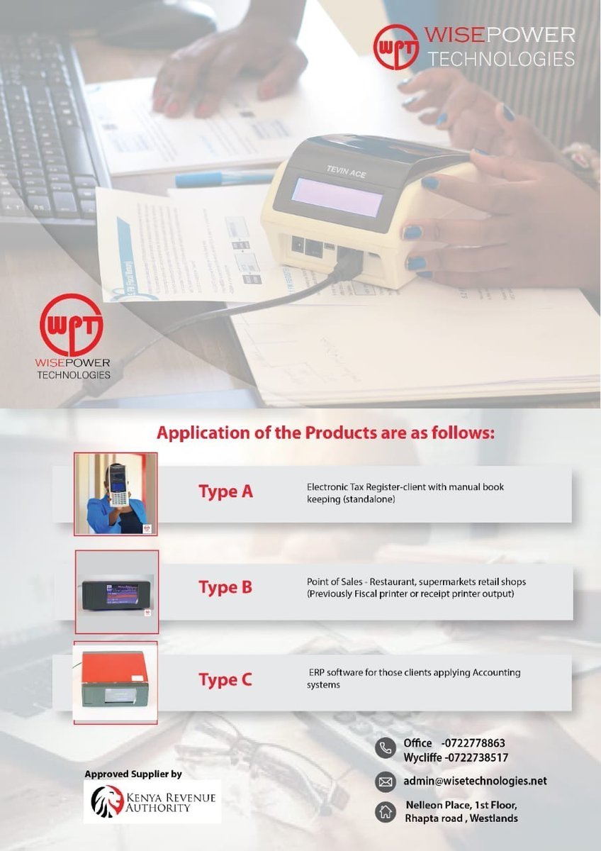Wisepower_Tech's tweet photo. Hey guys, is your business tax compliant? Ensure @KRACare doesn't come for you with the new Tevin Ace ETR machines that are T.I.M.S. enabled. Call us on 0722778863 or email us on admin@wisetechnologies.net #wisepowertech #sonkoleaks #AzziadNasenya #SautiSol #IslamicState https://t.co/cB64O0QjBM