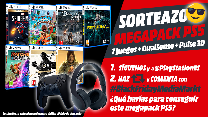 MediaMarktGames's tweet photo. ⚫️💥Celebramos el Black Friday 𝗦𝗢𝗥𝗧𝗘𝗔𝗡𝗗𝗢 un 𝗠𝗘𝗚𝗔𝗣𝗔𝗖𝗞 𝗣𝗦𝟱😎⚫️

1⃣Síguenos y a @PlayStationES
2⃣Haz RT y comenta con #BlackFridayMediaMarkt ¿Qué harías para conseguir este megapack PS5?

Píllatelo todo👉  https://t.co/D3d8ZjIzxy 
🚨#Sorteo Hasta 28/11 https://t.co/NKXd6veiQq
