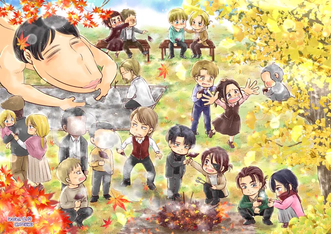 #fanart #進撃の巨人 #shingeki #イラスト #アトリエの系譜S 
ハンジさんの焼き芋🍠と紅葉🍁 