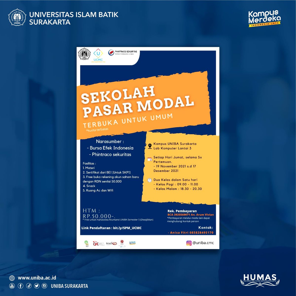 UIBSurakarta's tweet photo. Ada kabar gembira nih,  Bursa Efek Indonesia dan Phintraco Sekuritas akan mengadakan event Sekolah Pasar Modal yang diadakan secara Tatap Muka/ Offline!
Jangan lupa catat jadwalnya ya!!!
📌Tempat :
Lab Komputer (Lt. 3) Kampus UNIBA Surakarta
#unibasurakarta #mahasiswa #pasarmodal https://t.co/aekpRT2rxM