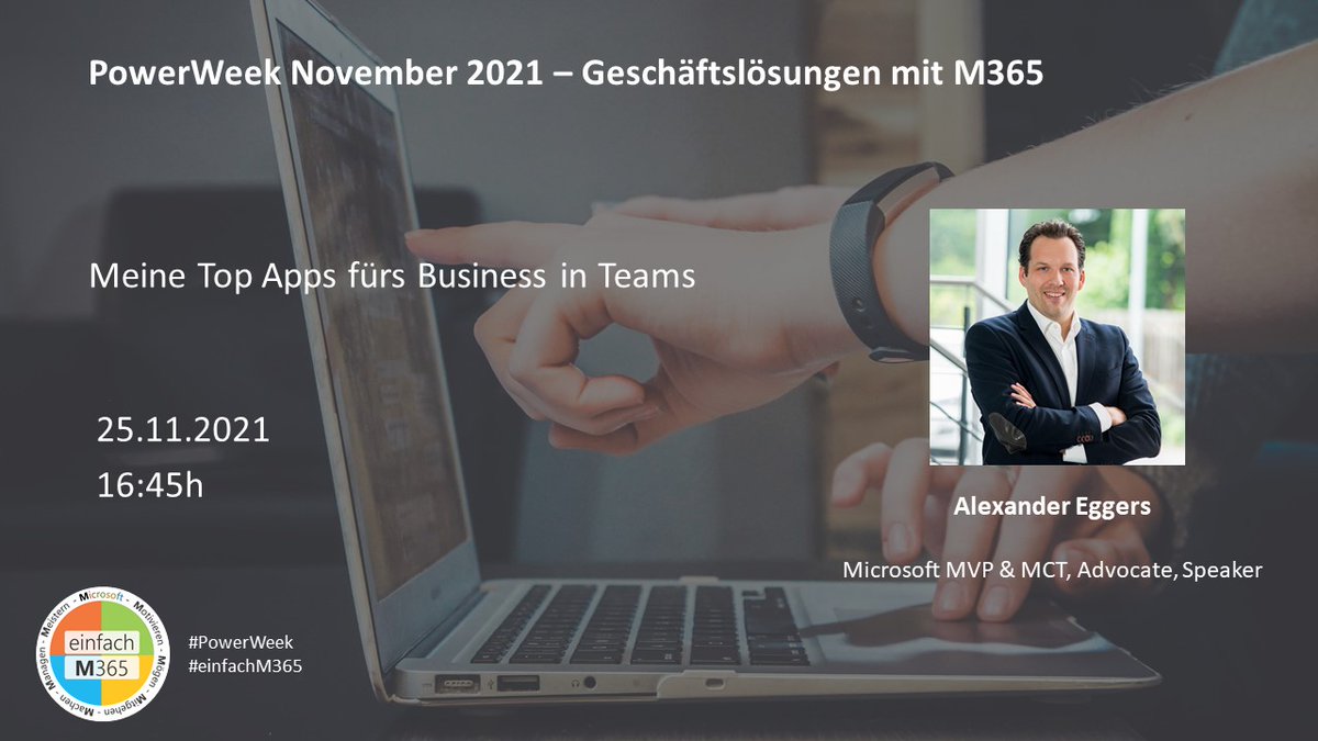 #MicrosoftTeams und Apps - es ist für jede(n) etwas dabei! 

<a href="/eggers_alex/">Alex Eggers MVP</a> stellt seine Top Apps vor - inklusive Use Case - direkt zum Nachbauen!
25.11. | 16:45h

#powerweek #microsoft365 #productivity #businessolutions