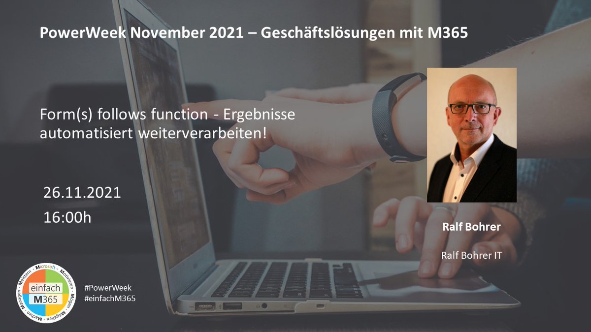 #MicrosoftForms - einfach zu bauen und zu nutzen, wichtige Ergebnisse, und dann? 

<a href="/RalfBohrer/">Ralf Bohrer</a> zeigt uns den nächsten Schritt und geht auf die Verarbeitung der Ergebnisse ein - natürlich mit #microsoft365.
26.11. | 16:00h

#powerweek #productivity #results #businessolutions