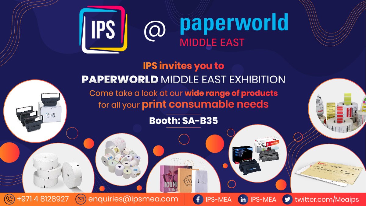 MeaIps's tweet photo. IPS is showcasing #printconsumables @ Paperworld Middle East Exhibition from 14th to 16th December at Expo Center, World Trade Tower - Dubai
Catch a glimpse of our print consumables such as paper rolls, laser toner cartridges, labels, ATM rolls, and ribbons, and many more. https://t.co/ime0ewP9vC