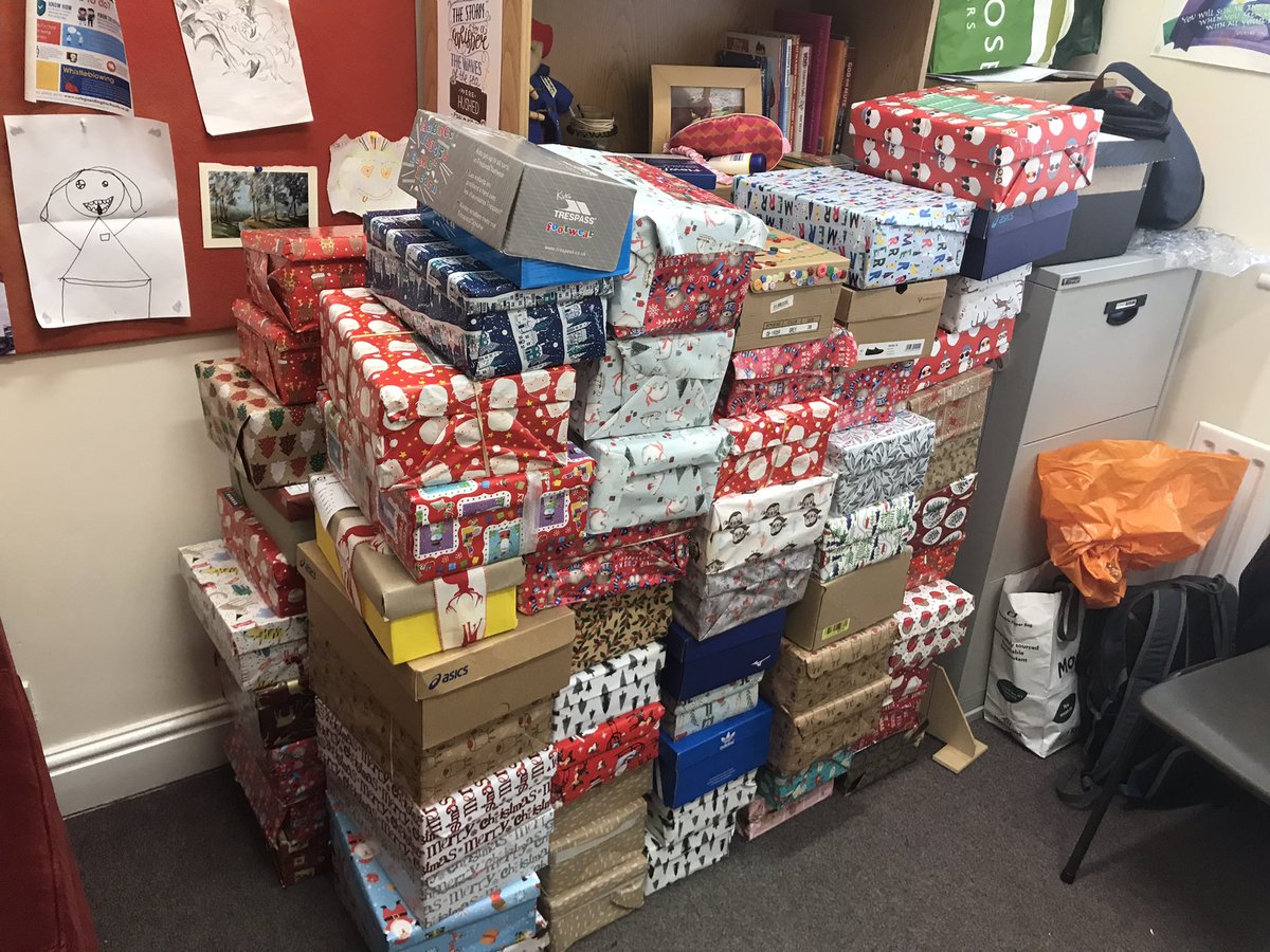 Launching our <a href="/fsciuk/">House of Opportunity</a> shoebox appeal at very short notice - hoping we might get 20 or so - and now struggling to move around my very full office! Our girls are amazing. #stswithunsitswhoweare #caritas