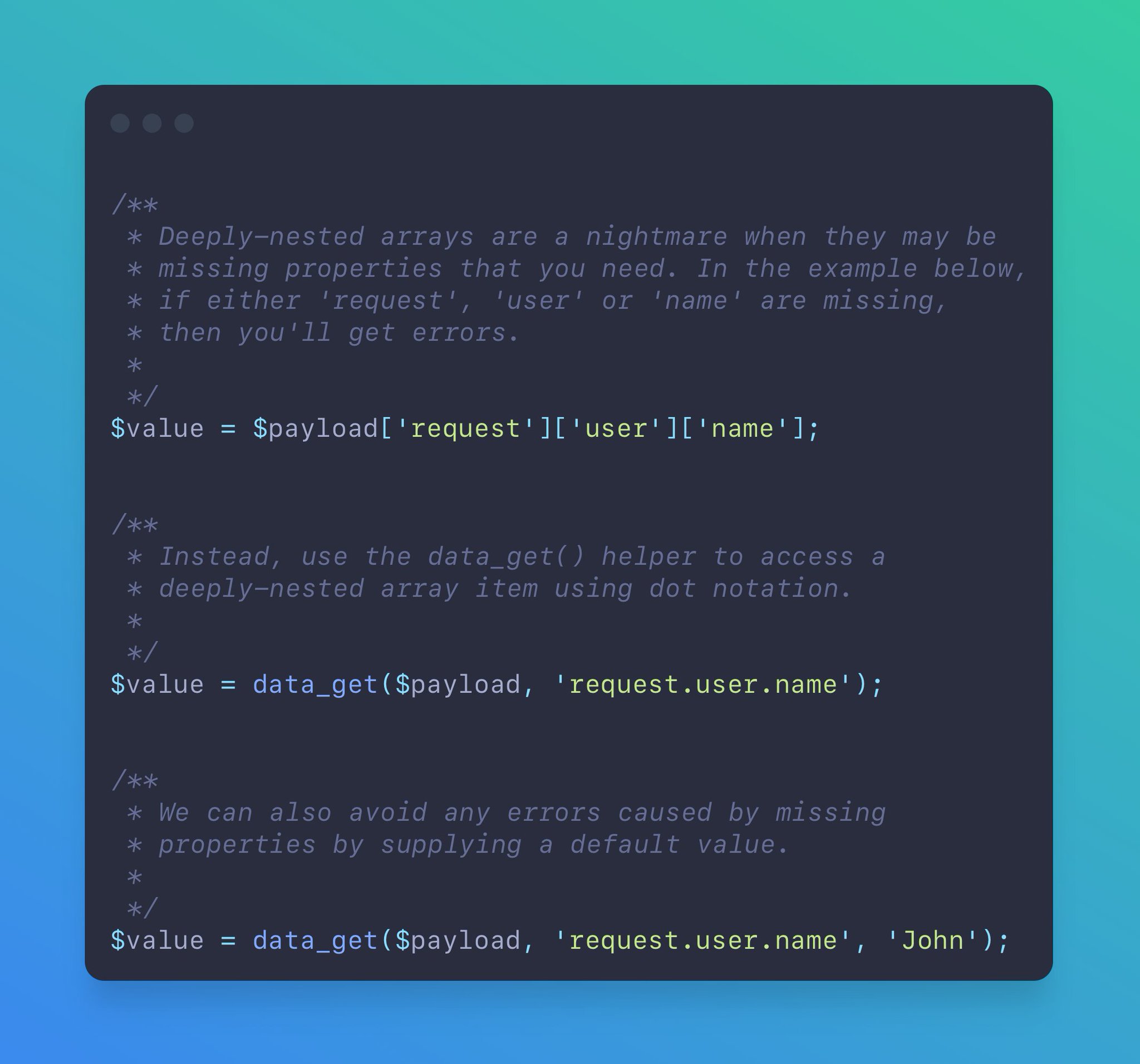 You can use the data_get() method to safely access a nested array value