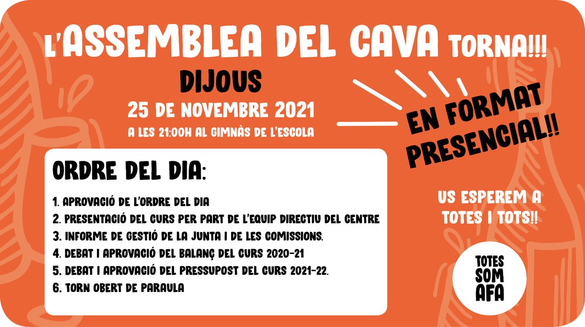 Escolapitroig's tweet photo. Dijous, 25 de novembre del 2021 #AssembleaDelCava presencial!
📢Informe de gestió 2020-21
📊Balanç 2020-21
💶Pressupost 2021-22
Us esperem a totes i tots, #TotesSomAFA https://t.co/PzEnu6oJYn