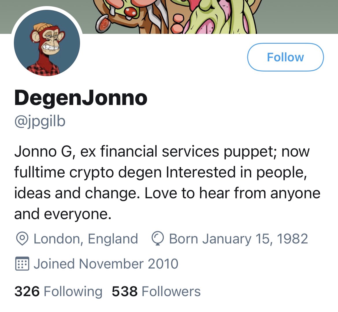 Doc_Doofus's tweet photo. @citizen_nft @jpgilb @BoredApeYC @boutumbo @horsehead0975 Oh yeah old jonno is definitely “interested” in people alright 🤪 #ATCQ #youdown? #jonnosdown! https://t.co/0kxAwZ8lXx