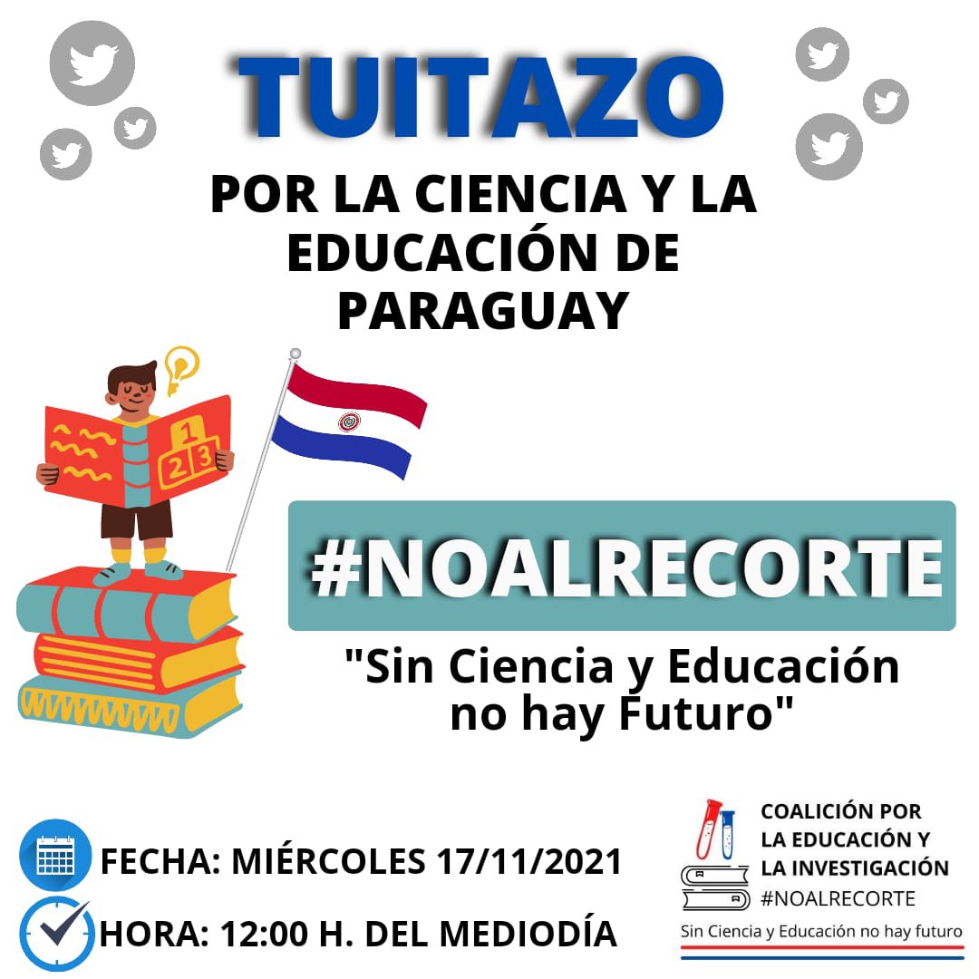 becalpy's tweet image. 📣 ¡Unite HOY al TUITAZO!

👉🏻 A las 12:00hs tuiteamos todos este texto: #NOALRECORTE , sin ciencia y educación no hay futuro @SenadoresPy  🇵🇾