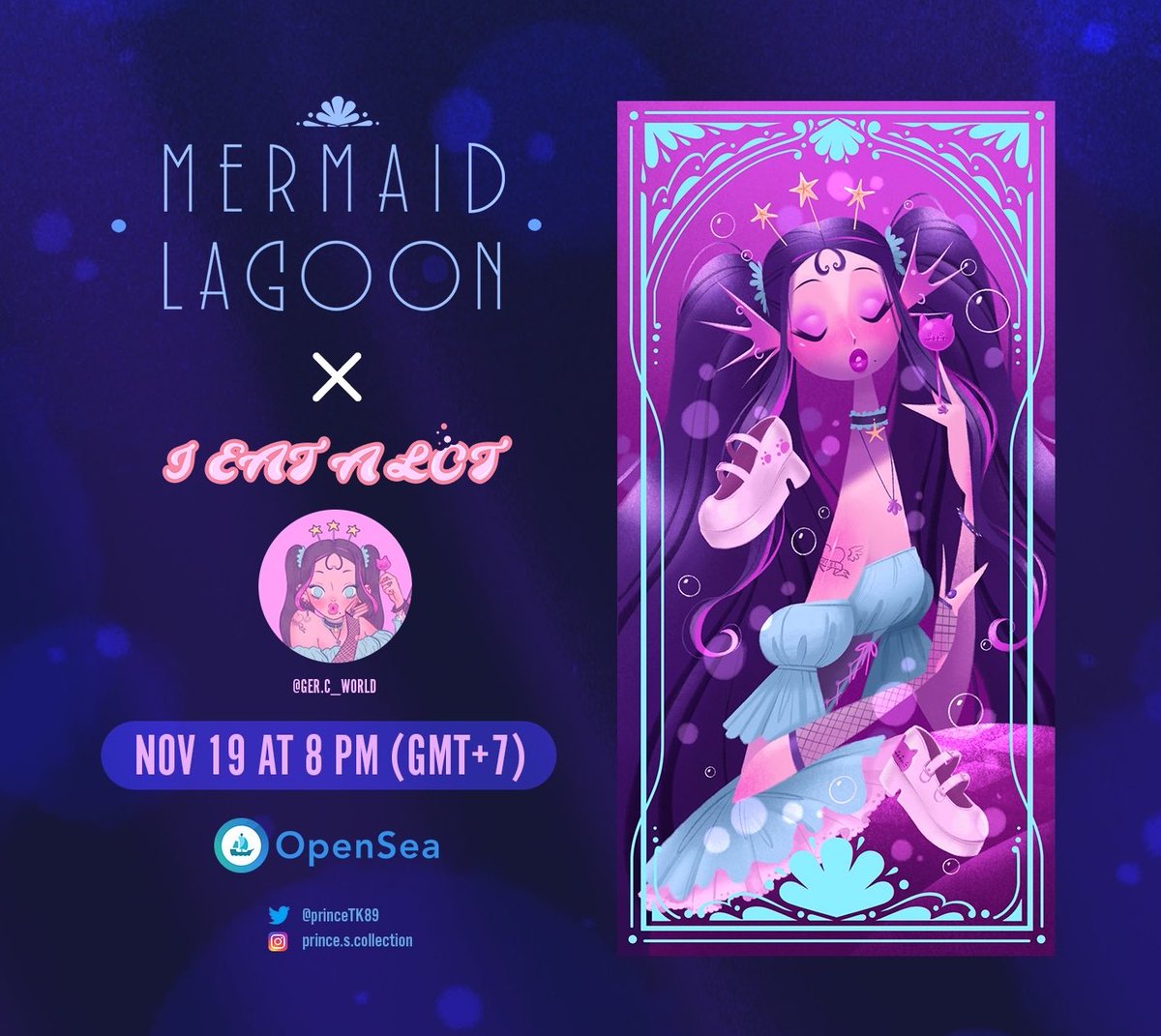 ✨First collaboration!! ✨
MERMAID LAGOON x I EAT A LOT

I am super excited that I got a chance to collaborate with amazing artist @gerc_world 🥰

📍Drop time 
Nov 19 at 8PM (GMT+7)
Minted already 
opensea.io/collection/mer…

#NFTCommunity #nftcollector #OpenSeaNFT #NFTcollection