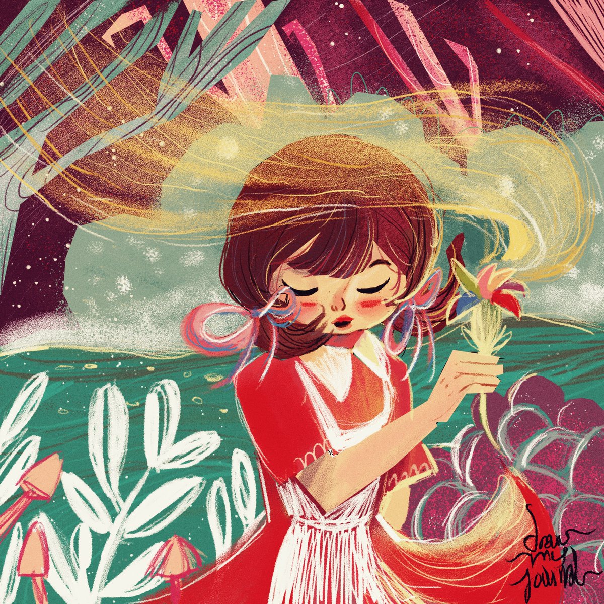 "Vuela, pétalo, oh- 
De este a oeste vas 
Luego de norte a sur 
Y dar la vuelta 
Toca el suelo, haz- 
¡Haz que mi deseo 
se haga realidad!"
Día 2 #folktaleweek2021 #folktaleweek : Dream.