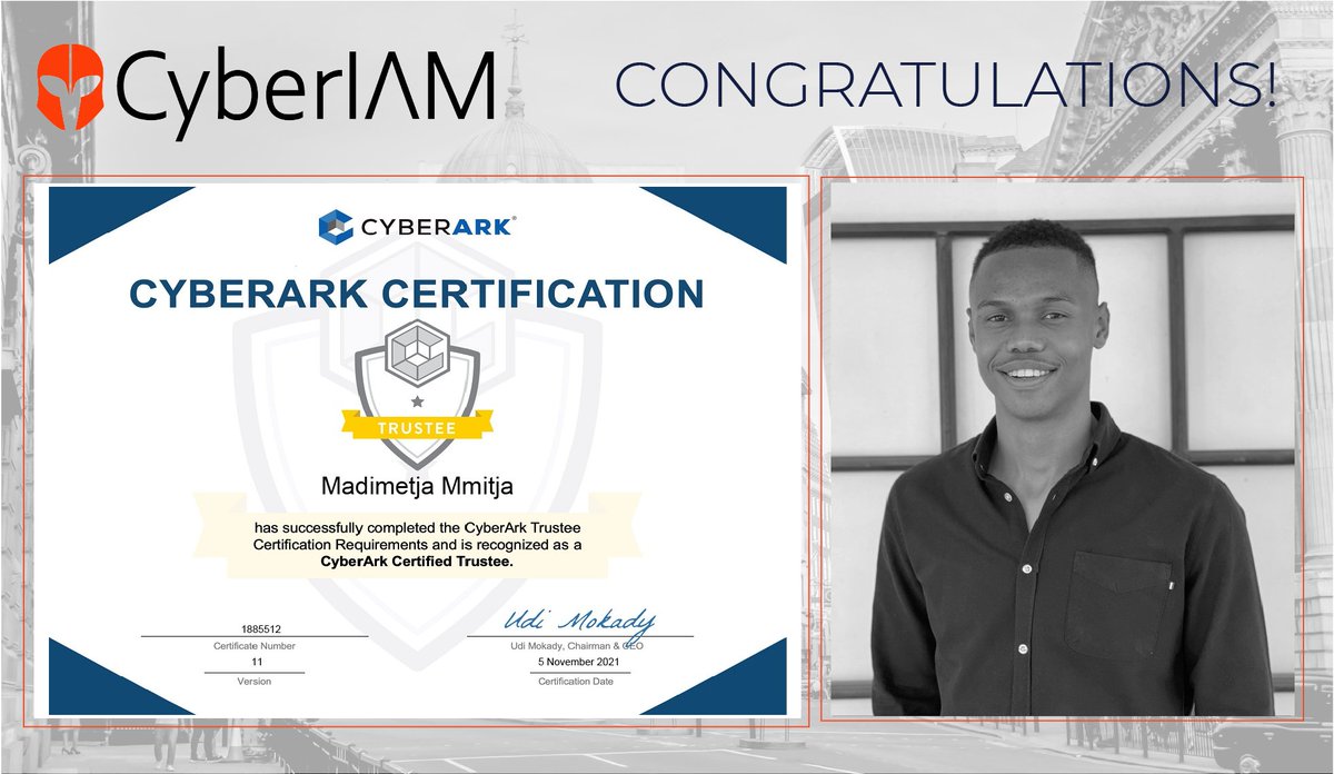 CybrIam's tweet photo. Congratulations to Madimetja Mmitja for successfully passing the @CyberArk Certified Trustee Certification. 

Follow the link to get in touch with one of our CyberArk experts: https://t.co/sJLnfgzA7i

#CyberIAM #CyberArk #PrivilegedAccessManagement #CyberSecurity https://t.co/pCUwYgL5vV