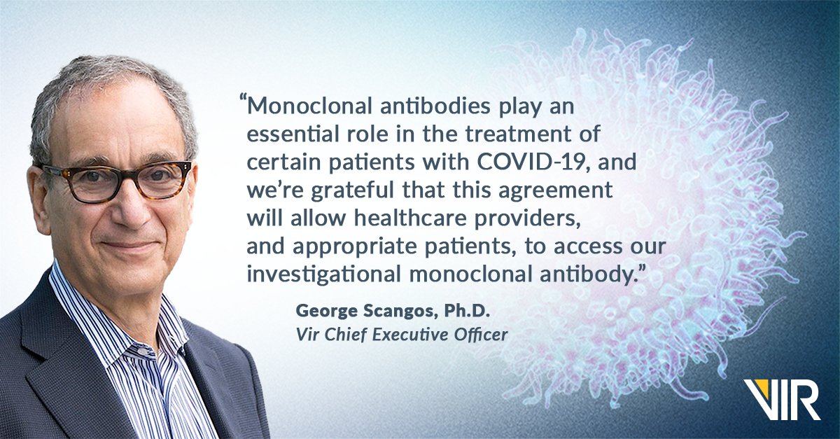 Vir_Biotech's tweet image. Vir and partner @GSK are pleased to announce the signing of a new US government purchase agreement for our investigational #COVID19 monoclonal antibody, which increases access nationwide. Learn more: bit.ly/3r0pamv