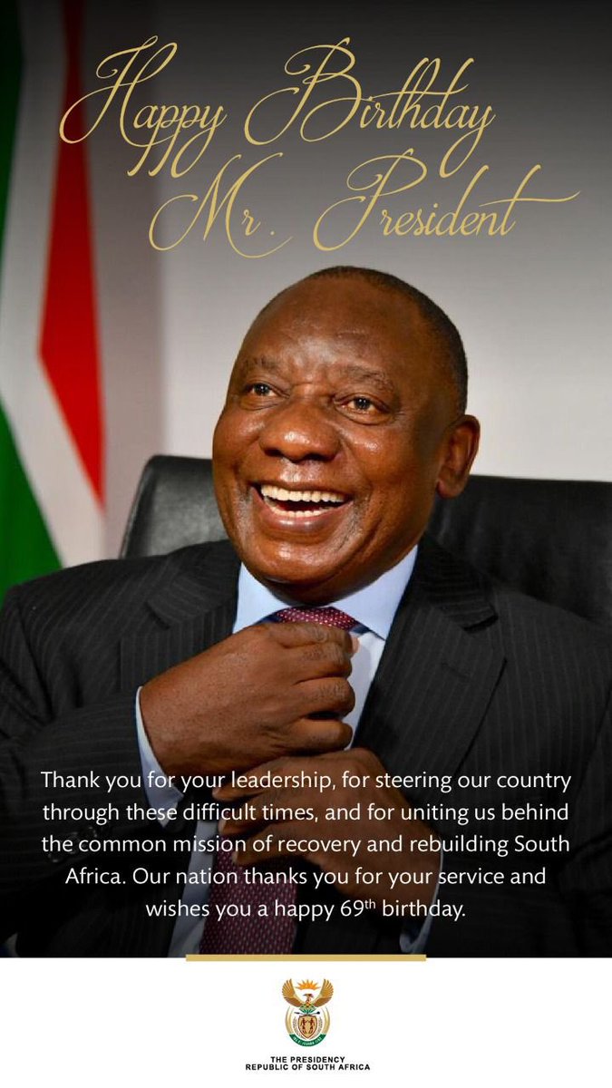 David_Makhura's tweet photo. Happy 69th birthday Cde President @CyrilRamaphosa. Thank you for serving the people of South Africa with diligence, dedication and commitment. https://t.co/XDRtXEYqrW