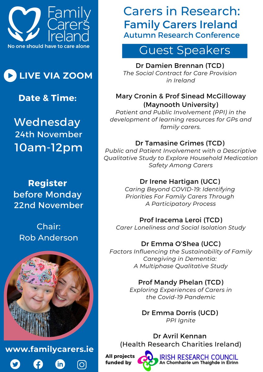 CarersIreland's tweet photo. Just one week to go until our Autumn Research Conference on Nov 24th which will present the findings from research projects funded by @IrishResearch focusing on different aspects of family carers’ lives and the caring experience. To register, please visit https://t.co/5LIUODPHsq https://t.co/czfl49p1N9