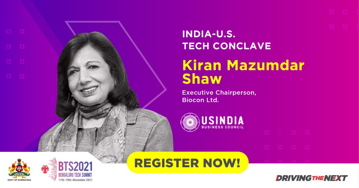 USIBC's tweet photo. .@kiranshaw will join us at the first ever #IndiaUSTechConclave (#BengaluruTechSummit) for a discussion on accelerating innovation and R&D development in 🇺🇸🇮🇳economic corridor.
Nov 18 | 7:30 PM IST
To Register: https://t.co/QW7Kb8UDfg
#BTS2021 #DrivetheNext https://t.co/Yg3x9Fyuqt