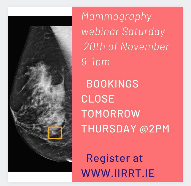 iirrt's tweet photo. Mammography Webinar 20th Nov . Booking closes tomorrow at 2pm. Delegates will not be able to be added after this time. To see event recording please also register #bonssecours #ucc #iirrt #recorded
To book:https://t.co/RKTtsX8qp6 https://t.co/1DoM2jNSFB