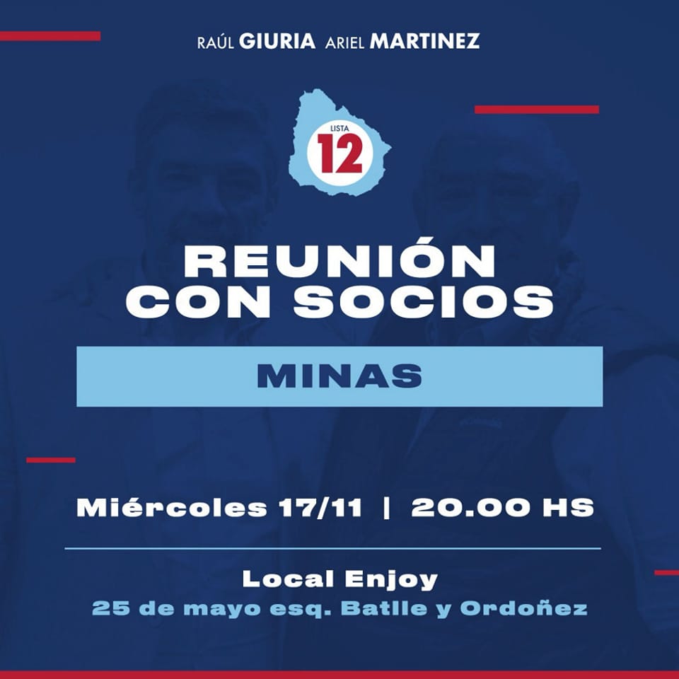 MinasConsulado's tweet photo. Hoy comienzan las charlas informativas con los candidatos presidenciales. 20 hrs. en Salón Enjoy, 25 de Mayo y Batlle y Ordóñez, nos vista la lista @GanarEnTodo con la presencia de @nonogiuria y @AMartinezCNdeF Los esperamos https://t.co/fYUJXzFsFQ