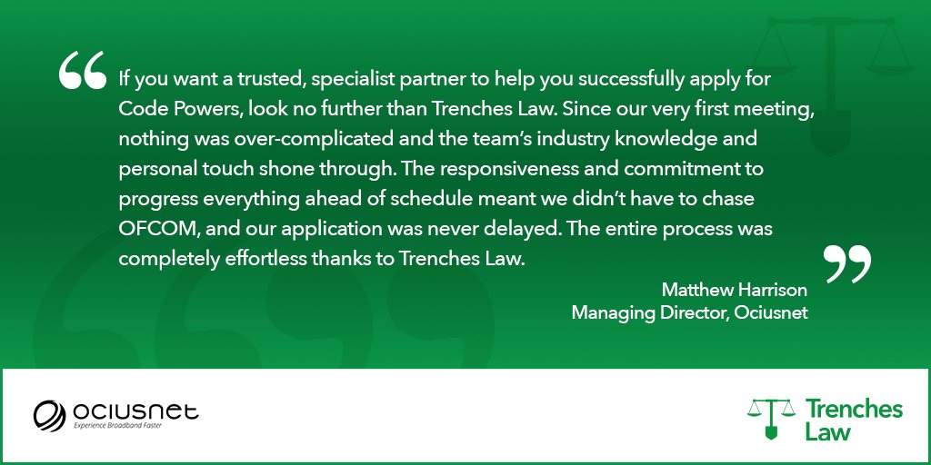 TrenchesLaw's tweet image. #CodePowers may often seem quite a daunting task to many.

However, we were impressed with how end-to-end provider Ociusnet wanted to tackle it head-on – and we were only too happy to help!

Here’s what the company’s MD Matthew Harrison, had to say…

#Testimonial #TelecomsLaw