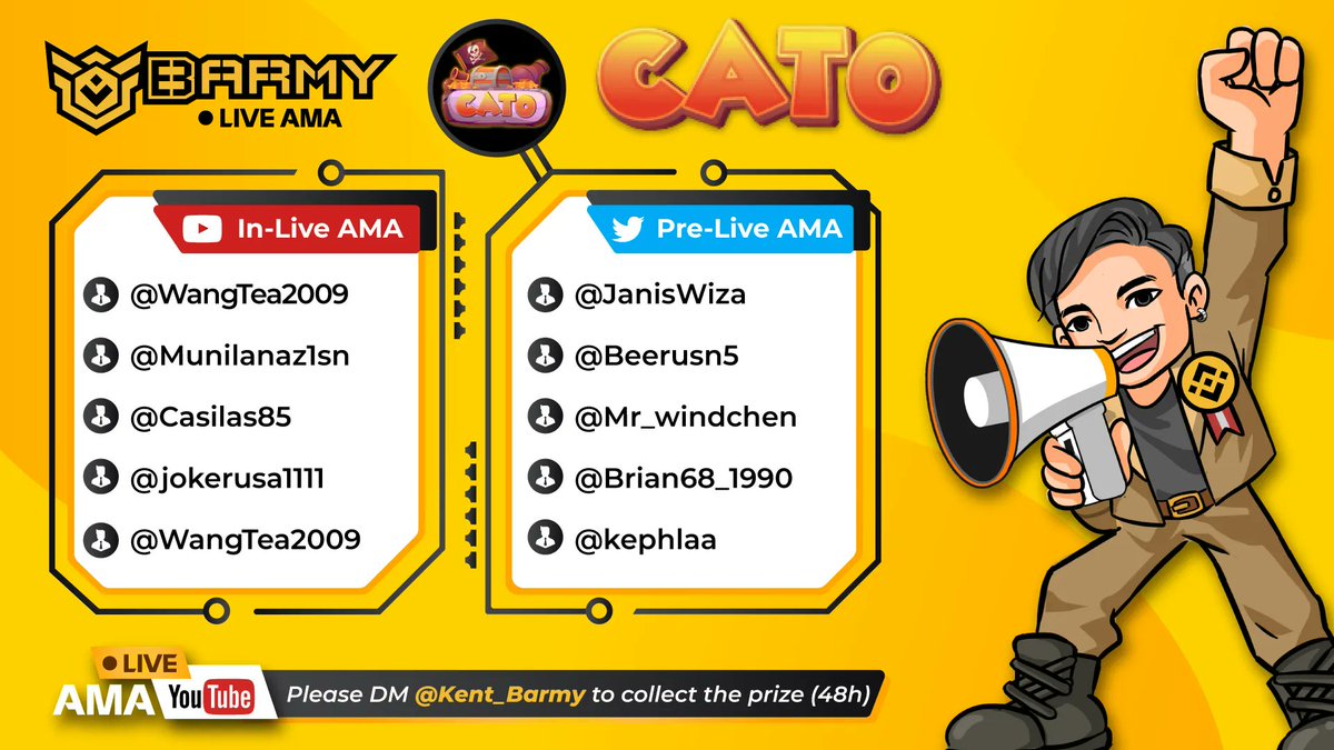 #Barmy x @CATO_Gamefi winner announcement

Congrats to our 10 #Giveaway winners 🎉🎉

💰100USDT for 5 in-AMA winners (Youtube)  
💰100USDT for 5 pre-AMA winners (Twitter) 

Check out the winners in the picture! 👀

DM @Kent_Barmy in 48 hours to get your prize! 🎁❣️