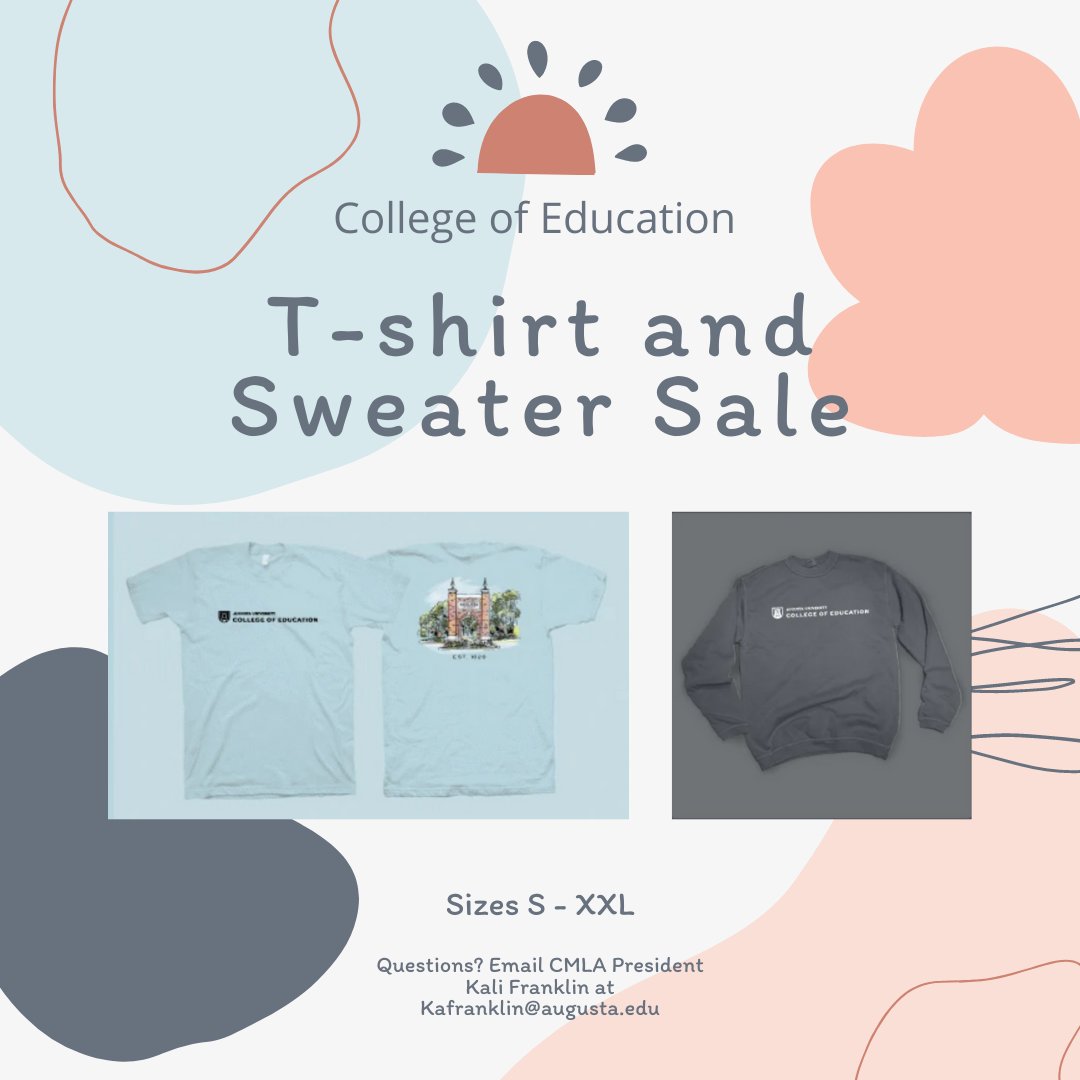 AUG_CollegeofEd's tweet image. Orders have been EXTENDED for the College of Education T-shirts in trendy light teal and a cozy sweatshirt in go-with-anything grey! #T-shirts #COE #CMLA

Orders close November 21