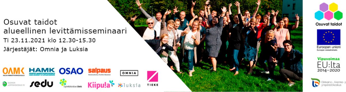 Vielä ehdit: #OsuvatTaidot-seminaarissa 23.11. tutustutaan osaamismerkistöön, merkkien myöntämiseen sekä kuullaan <a href="/luksiafi/">Luksia</a>:n ja <a href="/Omniasome/">Omnia</a>:n kokemuksia käyttöönotosta. Lisäksi <a href="/IlkkaHalava/">Ilkka Halava</a> kertoo tulevaisuuden työelämän murroksesta ja osaamistarpeista. tapahtumat.tieke.fi/event/m70vr