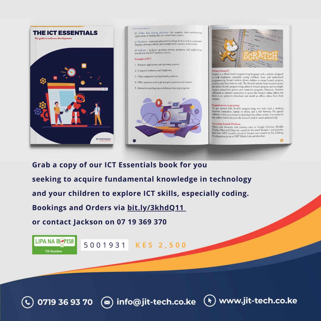 JitTech_learn's tweet photo. Grab a copy of our ICT Essentials book for you seeking to acquire fundamental knowledge in technology and your children to explore ICT skills, especially coding.
For bookings and orders visit https://t.co/EME2zXgPCD
#CodeSimplifyGrow @jitTech_KE #ICTEssentials WhatsApp 0719369370 https://t.co/5AcTgGHDOH