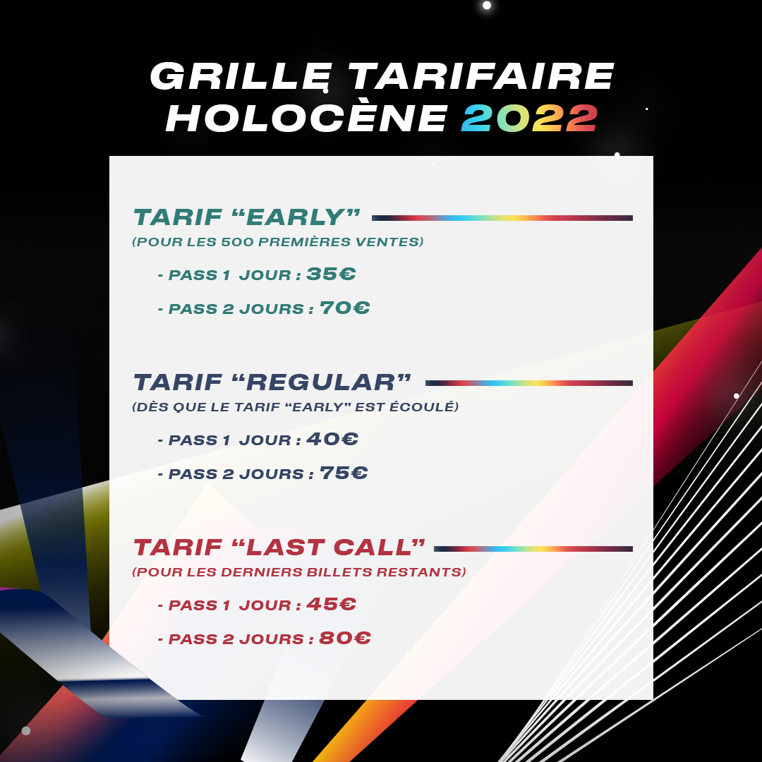 🎟️ Billetterie ouverte !

Prends tes places maintenant pour les 4 et 5 mars 2022 ! Et profite de tarifs vraaaaiment cools !

Lien de la billetterie👇
🎫 link.dice.fm/holocene-festi…

Clairement il va falloir te dépêcher parce qu’il n'y en aura pas pour tout le monde ! 🥵