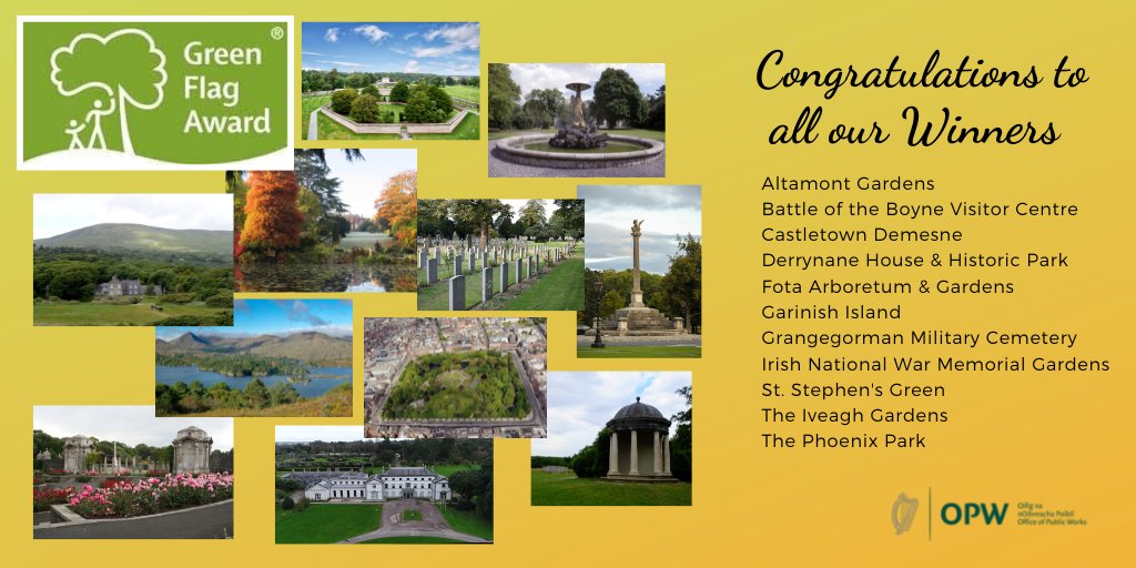 HeritageIreOPW's tweet photo. OPW welcomes the news that 11 OPW sites were among a group of over 100 Irish public parks, gardens and voluntary run green community sites across the Republic of Ireland who received their 2021 Green Flags. 
Full details https://t.co/L55iaubL0e  #greenflags #ireland #parks https://t.co/Lm1EvlRVWm