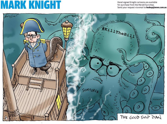 PoliBard's tweet photo. Wow, Dan. You're going down for SO many things, champ. Maybe you should have been the one with the tentacles in this epic Mark Knight cartoon.

Make sure you take Clairol Boy with you, and all his dodgy mates. "Uphold the Right" my arse.
https://t.co/wC0hGIDVsR https://t.co/Uc3hY9Y2z5