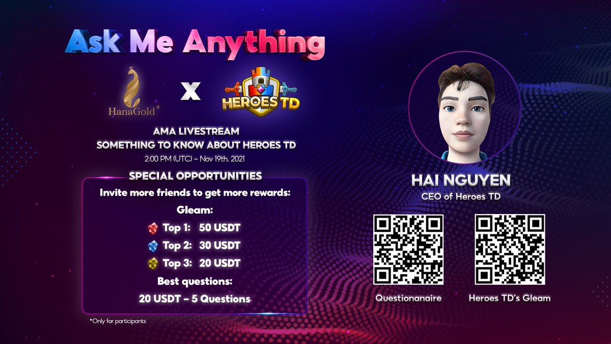 heroes_td's tweet photo. Join our AMA with HanaGold at 9 PM (GMT +7) - November 19, 2021.
✨ Gleam: https://t.co/TT8Qxsivta
🏆🏆🏆 Join and claim BOUNTY at: https://t.co/Y9TjUlPIvb
#heroestd #nftgame #hanagold https://t.co/qFceMHWeUt