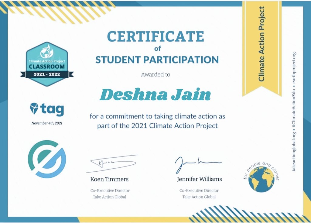 So excited to share that I have received the certificate for #climateactionproject 🎉under the mentorship of @AbhinavDatta10
Sir! Learned so many new things.. Planted trees, did some research n much more.😇
Thanks a lot sir for this wonderful opportunity!✨😍