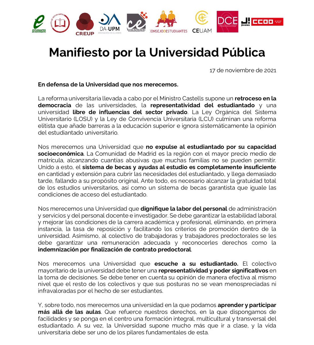 Delegacion_UPM's tweet photo. CONCENTRACIÓN ENFRENTE DEL CONGRESO DE LOS DIPUTADOS EL 18 DE NOVIEMBRE

Ante las últimas acciones realizadas por parte del Ministerio de Universidades y los partidos políticos salimos a la calle el próximo 18 de noviembre para reivindicar la universidad que nos merecemos. https://t.co/HtJ87A0DUM
