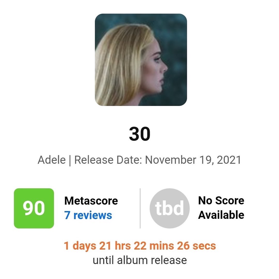 frexxquinha's tweet photo. A sexta-feira nem chegou, mas a crítica especializada já está sofrendo e enaltecendo horrores o novo álbum da mamãe @adele !
O #metacritic da gata tá bombando! Será que ainda sobe mais essa nota hein?
#adele #adelebrasil #adele30 @columbiarecords @sonymusicbrasil https://t.co/8zMJGAqnSD