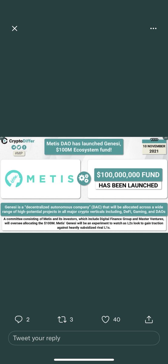 BillyBobBaghold's tweet photo. 1/2

$METIS @MetisDAO Bull Case Summary

- 💻 mainnet launch in 2 days, with 29,000% staking APY launching a week after 

- 🌍doesn’t sacrifice decentralisation like other current L2 rollups

-💰$100m ecosystem fund

- 🧨only $120 MC

- 🤝huge list of partners https://t.co/x3SVURwRf7