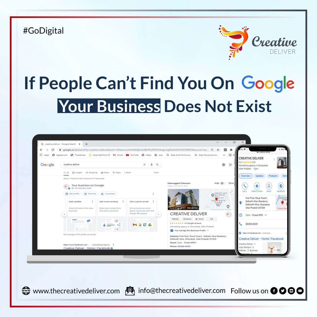 If People Can’t Find You On Google, Your Business Does Not Exist...
We will help register your business on google. 
Email: Creativedeliver@gmail.com
Website: creativedeliver.com
#googlemybusiness #google #mybusiness #businessongoogle #CreativeDeliver #GoDigital