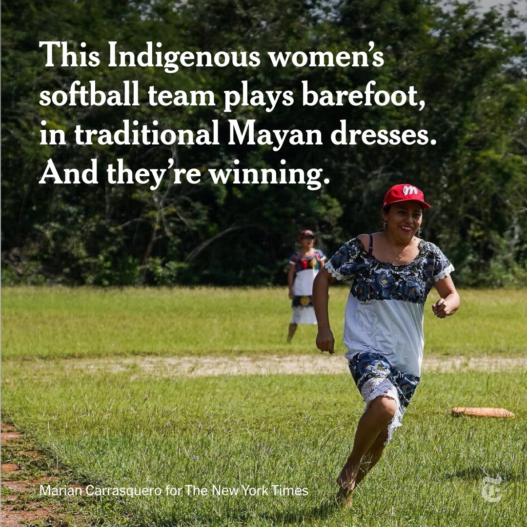 nytimes's tweet image. They play softball barefoot, wearing traditional Mayan dresses. They dash around bases in the sweltering Yucatán Peninsula heat. And they're causing a sensation in Mexico, breaking barriers with every game. nyti.ms/3nqbPSe