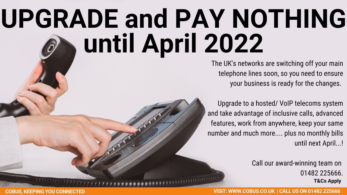 Imagine not paying phone bills until April 2022! Make it a reality by upgrading or switching to Cobus. Take advantage of our latest offer by being prepared for the #ISDNswitchoff ! Call Sally today on 01482 225666. 
bit.ly/3CoGqEt
#KeepingYouConnected #telecoms