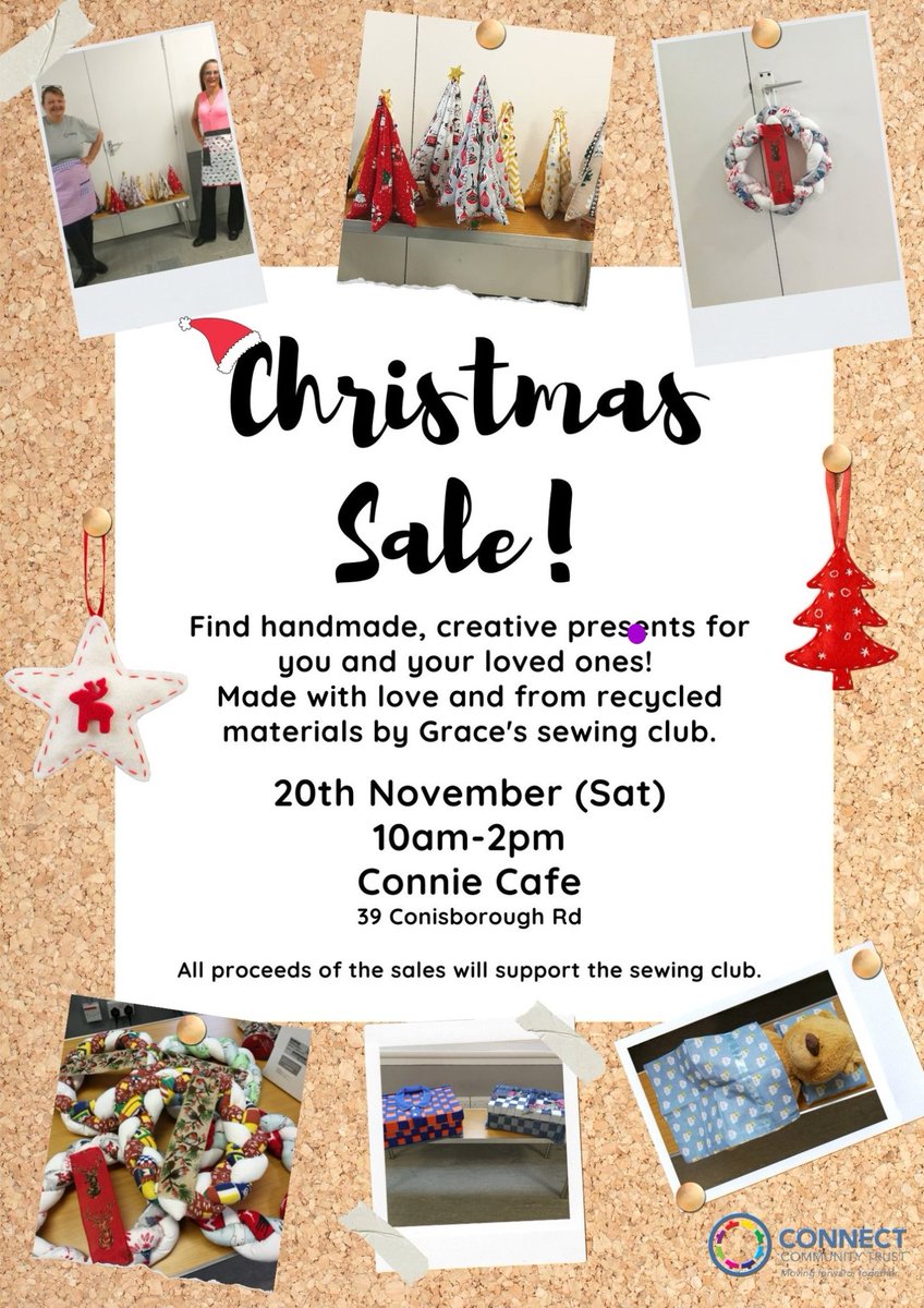 Connect Sewing Club Christmas Sale! Find beautiful presents, handcrafted with love and wit and from around 90% recycled materials, for affordable prices. All profits go back into the sewing club for materials. This coming Saturday - don't miss out!