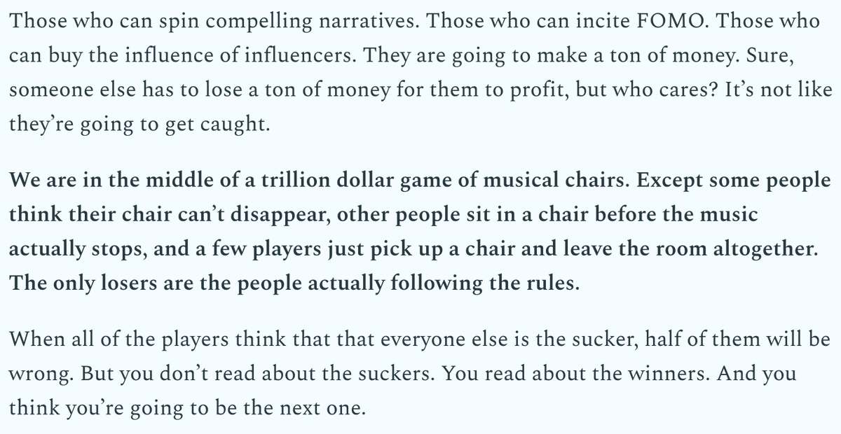Jack_Raines's tweet photo. "Boiler rooms became Discord servers. Ponzi schemes became decentralized projects...

...Sure, someone else has to lose a ton of money for them to profit, but who cares? It’s not like they'll get caught."

Today, I wrote about our grifting problem. Enjoy.

https://t.co/UUc6oOweCb https://t.co/htQTHIVt16