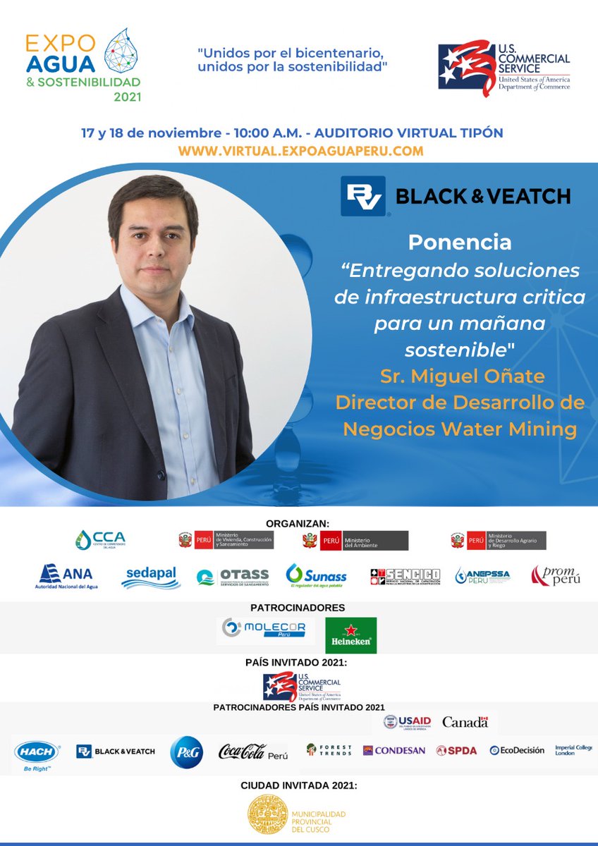 Te invitamos al auditorio virtual de Expo Agua &amp; Sostenibilidad 2021 donde nuestro cliente Miguel Oñate, Director de Desarrollo de Negocios Water Mining de Black &amp; Veath, realizará su exposición "Entregando soluciones de infraestructura critica para un mañana sustentable"