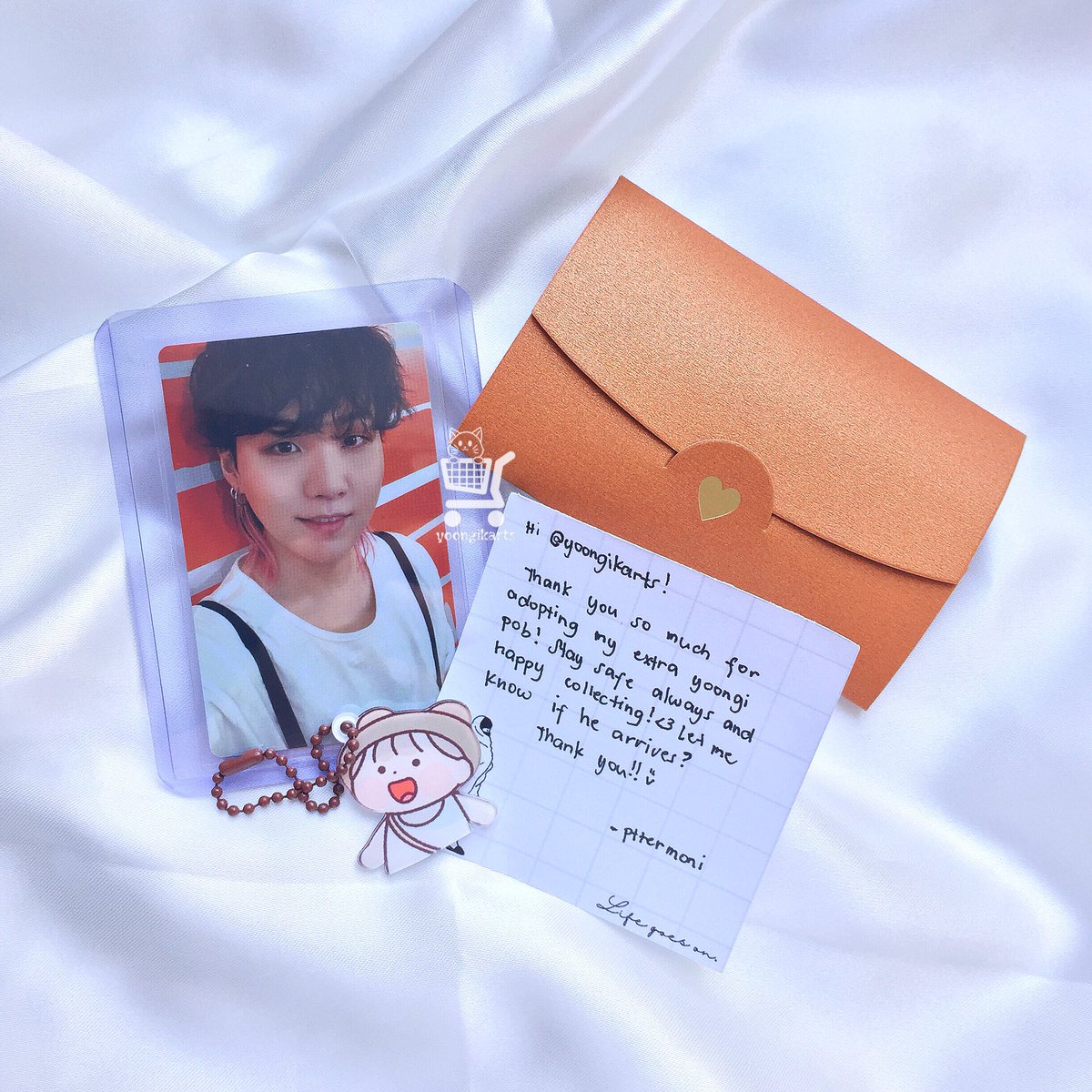 yoongikarts's tweet photo. ꒰ 🛒 : #yoongikartsbuys.ᐟ ꒱

➷ this pogi finally came home safe &amp; sound. tysm again @pttermoni for letting me adopt your jpfc butter yoongi, super pretty ng packaging &amp; freebies !, one of the the prettiest parcel i ever unboxed 🌷⋆·˚ https://t.co/w9ND9kADWs