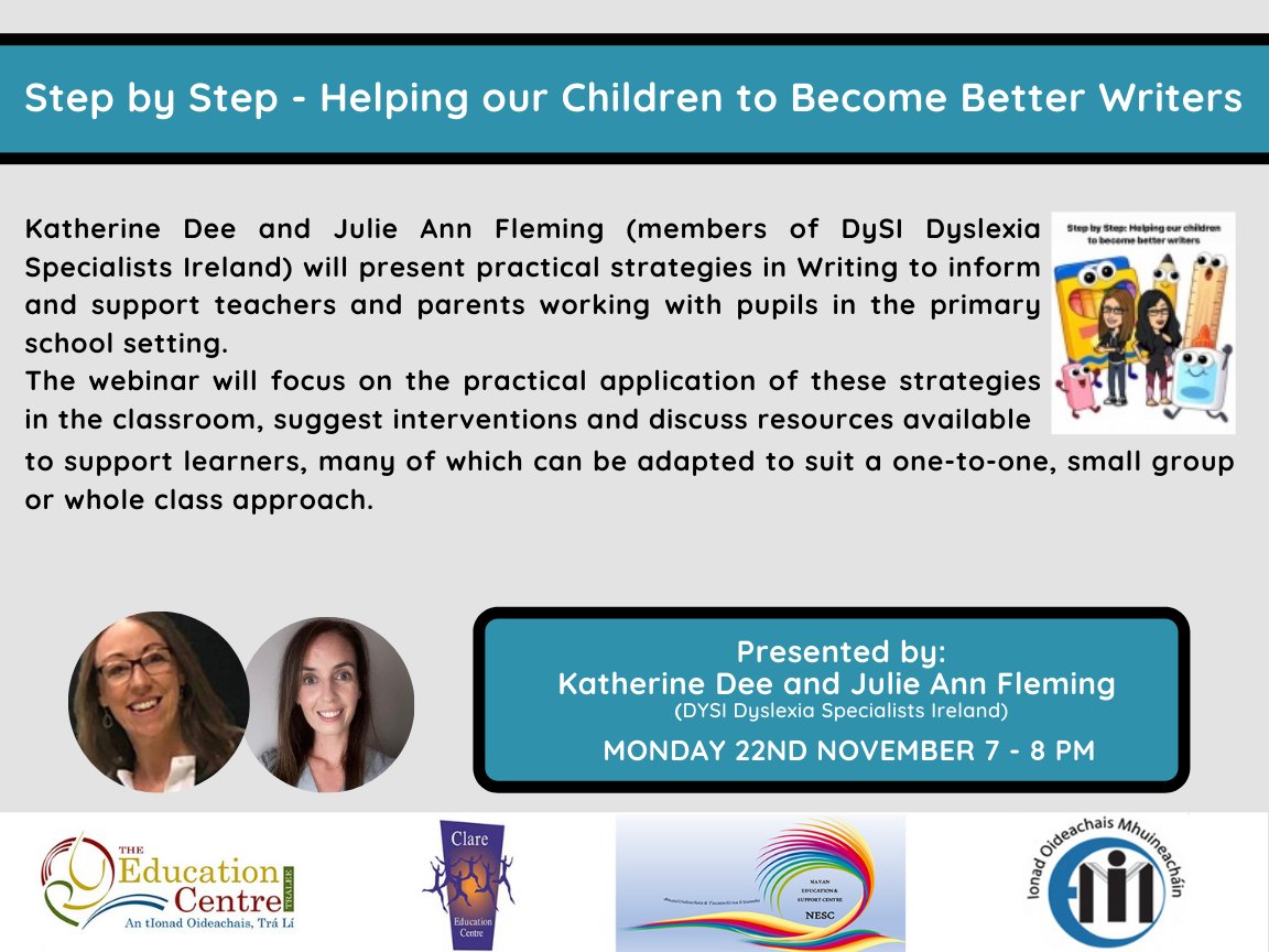 ClareEdCentre's tweet photo. STEP BY STEP: HELPING OUR CHILDREN TO BECOME BETTER WRITERS 
DATE:               Monday, 22 November📅
TIME:               7pm - 8pm⏰
VENUE:           Online  -  Zoom📱
Register here:
https://t.co/MZX3h6w4xH https://t.co/q3PkCaXJoh