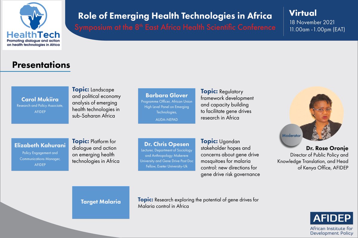Afidep's tweet photo. Join us tomorrow for a virtual symposium on emerging #health technologies at the 8th East African Health &amp; Scientific Conference.  #EAHSC @EAHRC_eahealth @NEPAD_Agency @TargetMalaria @Makerere @KEMRI_Kenya @chrisopesen

🗓️ 18 Nov
⏰11am, EAT

Link: https://t.co/S0koMbEwcP https://t.co/bqXVW6vwJv