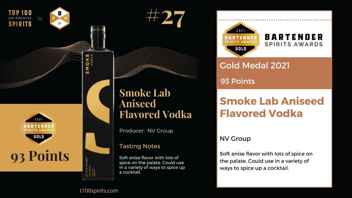 Smoke Lab Aniseed Flavored Vodka by #nvgroup won a #goldmedal at the 2021 <a href="/BartenderAwards/">Bartender Spirits Awards</a>  and was placed at no. 27 in the <a href="/Top100SpiritBSA/">Top 100 On Premise Spirits</a>  list!⠀⠀

Congratulations to the entire team on this victory!

#gin #cocktails #drinks #gintonic #vodka #cocktail