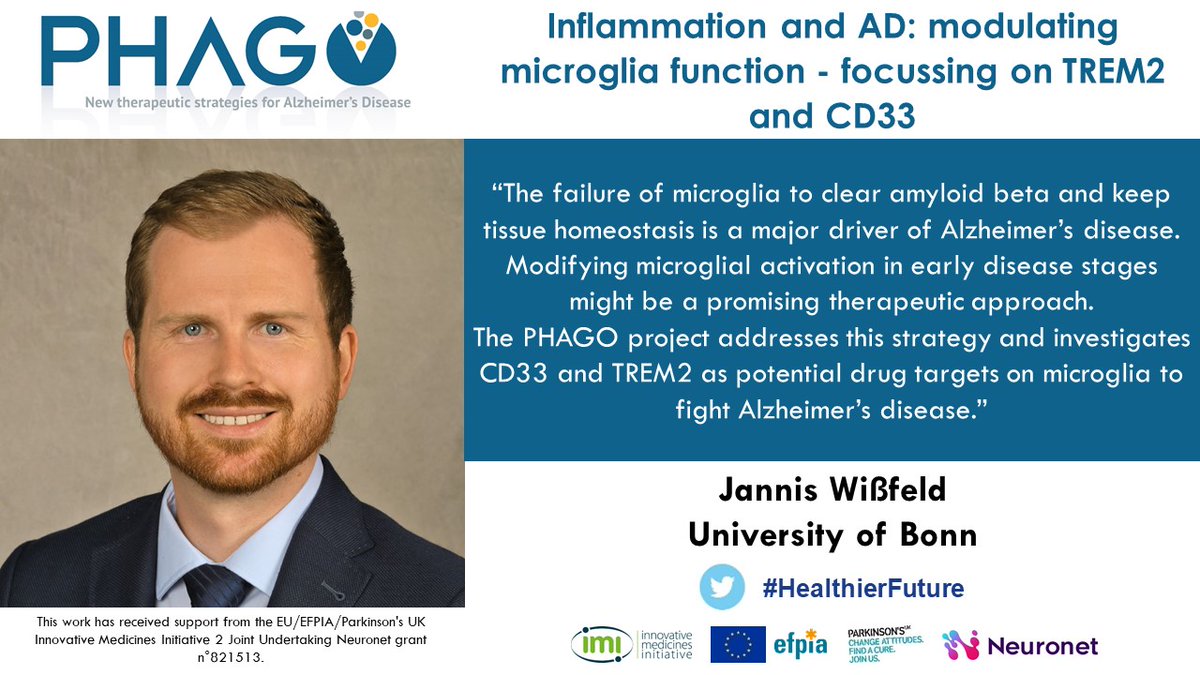IMI2_NEURONET's tweet photo. Failure of microglia to clear amyloid beta &amp; keep tissue homeostasis is a major driver of Alzheimer's disease.
@IMI_JU's @phago_imi project therefore investigates CD33 &amp; TREM2 as potential drug targets on microglia 

#WeAreNeuronet 

Learn more 
https://t.co/xrApdkCWl3 https://t.co/UeVxzmnowQ