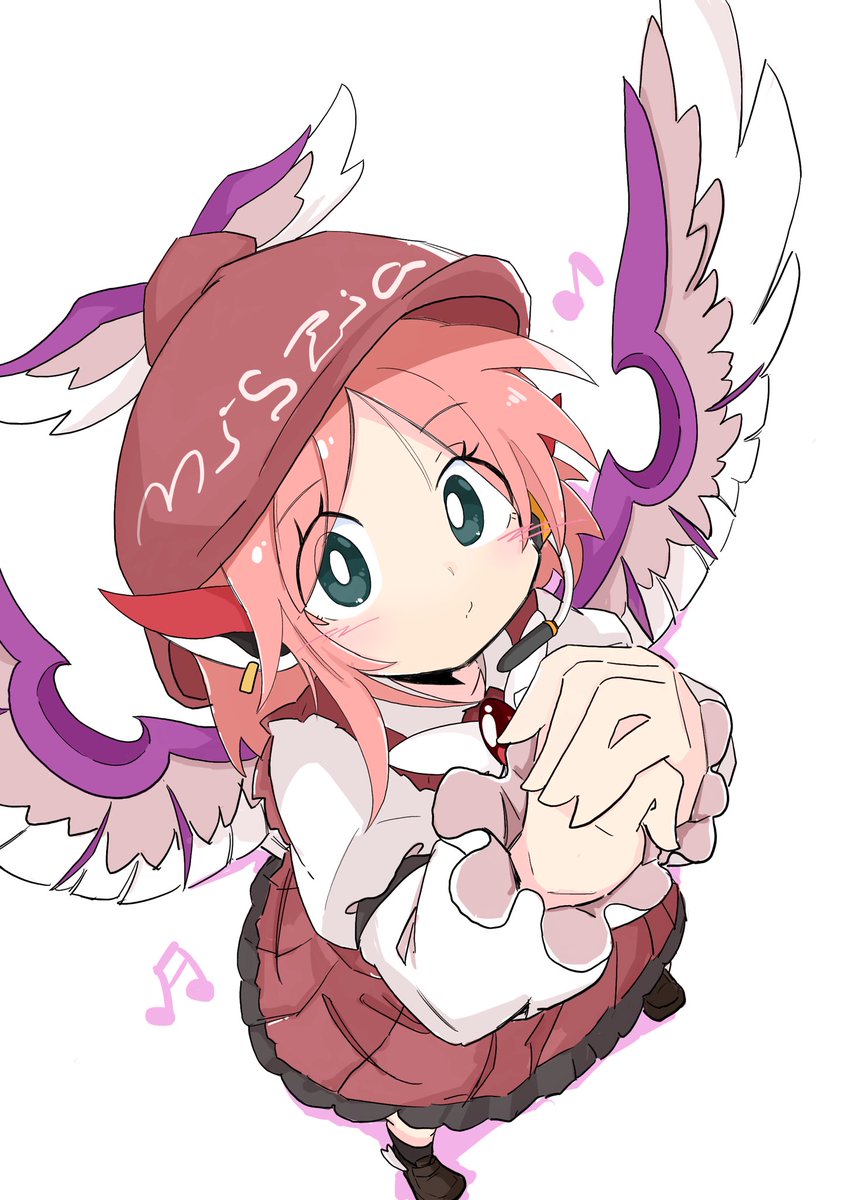 mystia lorelei 1girl solo pink hair wings short hair bright pupils long sleeves  illustration images