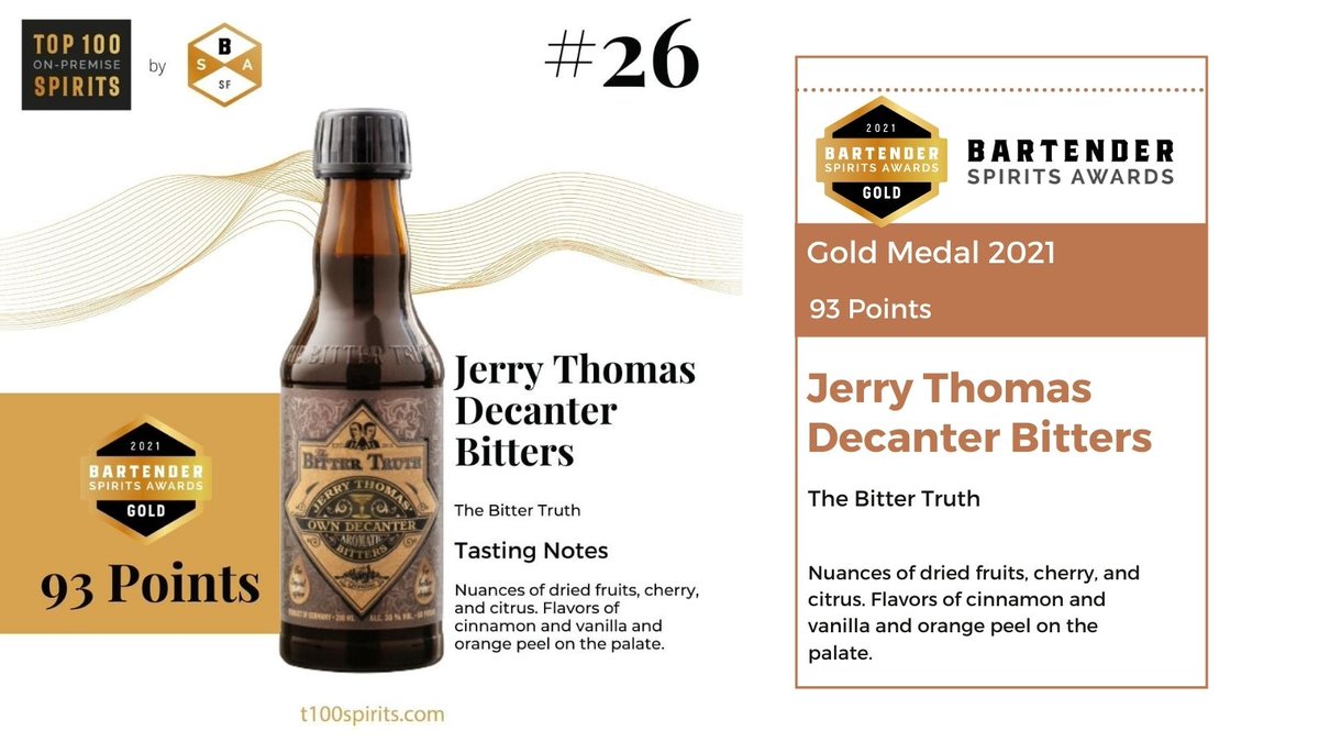 Jerry Thomas Decanter Bitters by <a href="/YOURBITTERTRUTH/">The Bitter Truth</a> won a #goldmedal at the 2021 <a href="/BartenderAwards/">Bartender Spirits Awards</a> and was placed at no. 26 in the <a href="/Top100SpiritBSA/">Top 100 On Premise Spirits</a> list!⠀⠀

Congratulations to the entire team on this victory!

#tequila #cocktails #vodka #drinks #bar #gin #mexico