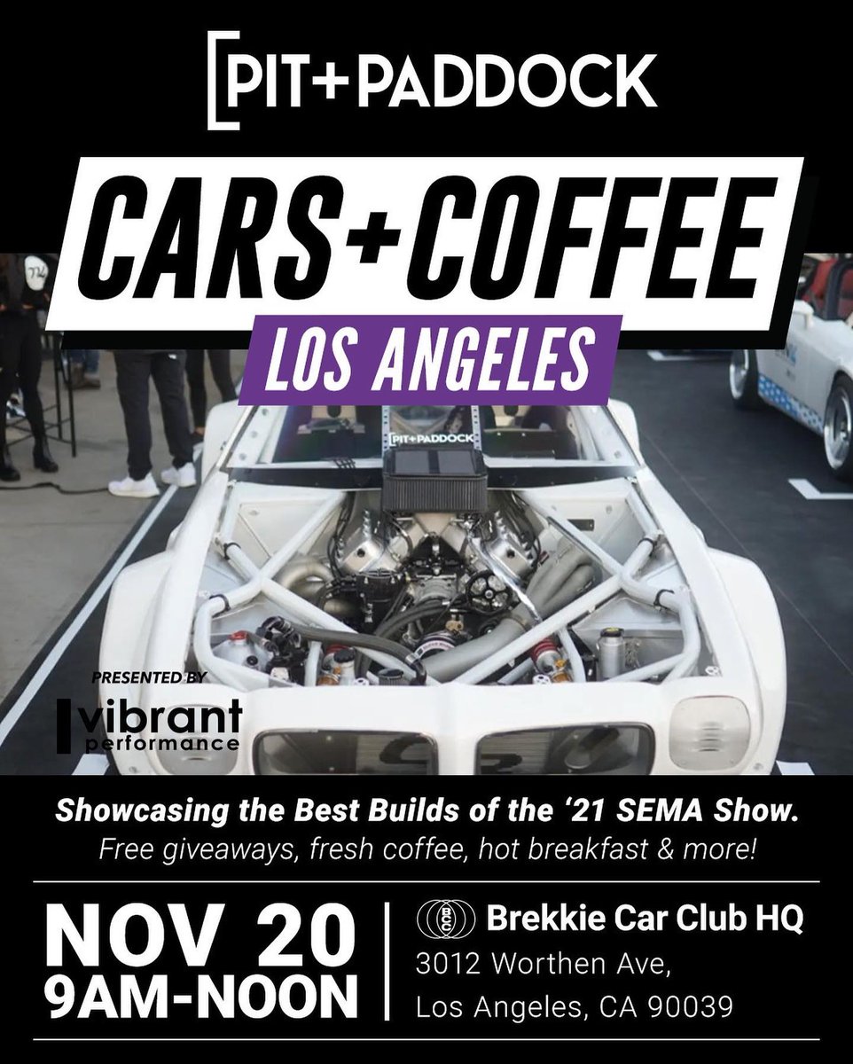 PASMAG's tweet photo. .@T14Distribution x @pitandpaddock are bringing a taste of the 2021 @SEMASHOW to Southern California for their first Cars+Coffee LA pop-up event with @vibrant_performance!
#turn14 #turn14distribution #turn14wall #pitandpaddock #vibrantperformance #carsandcoffee #brekkiecarclub https://t.co/pJj4pq1opD