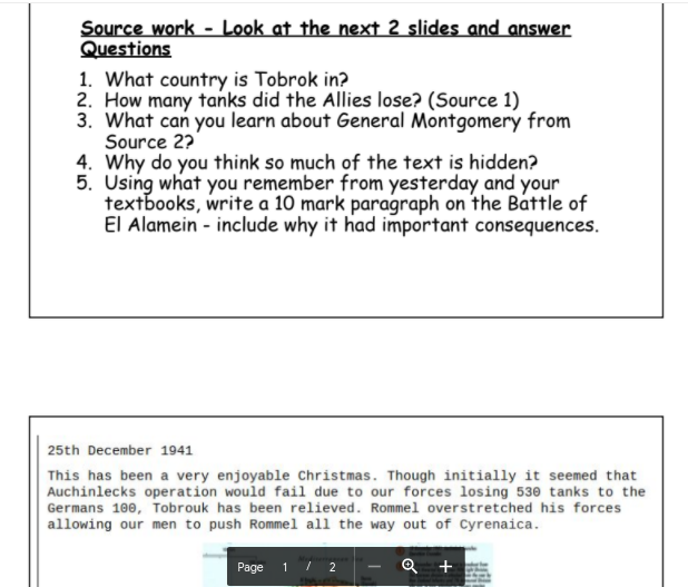 HistScoilMhuire's tweet photo. Very simple worksheet with sources on the Battle of El Alamein. If anyone would like it, I'm happy to share. Goes well with 10 mins of Episode 6 of the World War II in colour series. #histedchatie #jchistory #jcthist https://t.co/NjbOXCj1kc